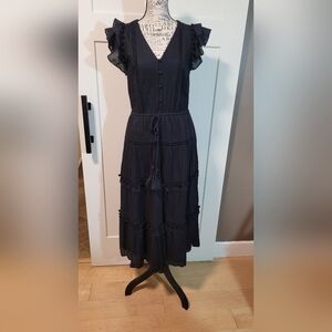 J Crew Pom Pom Flutter Sleeve Tiered Midi Dress Size 6 Black Boho Chic Romantic